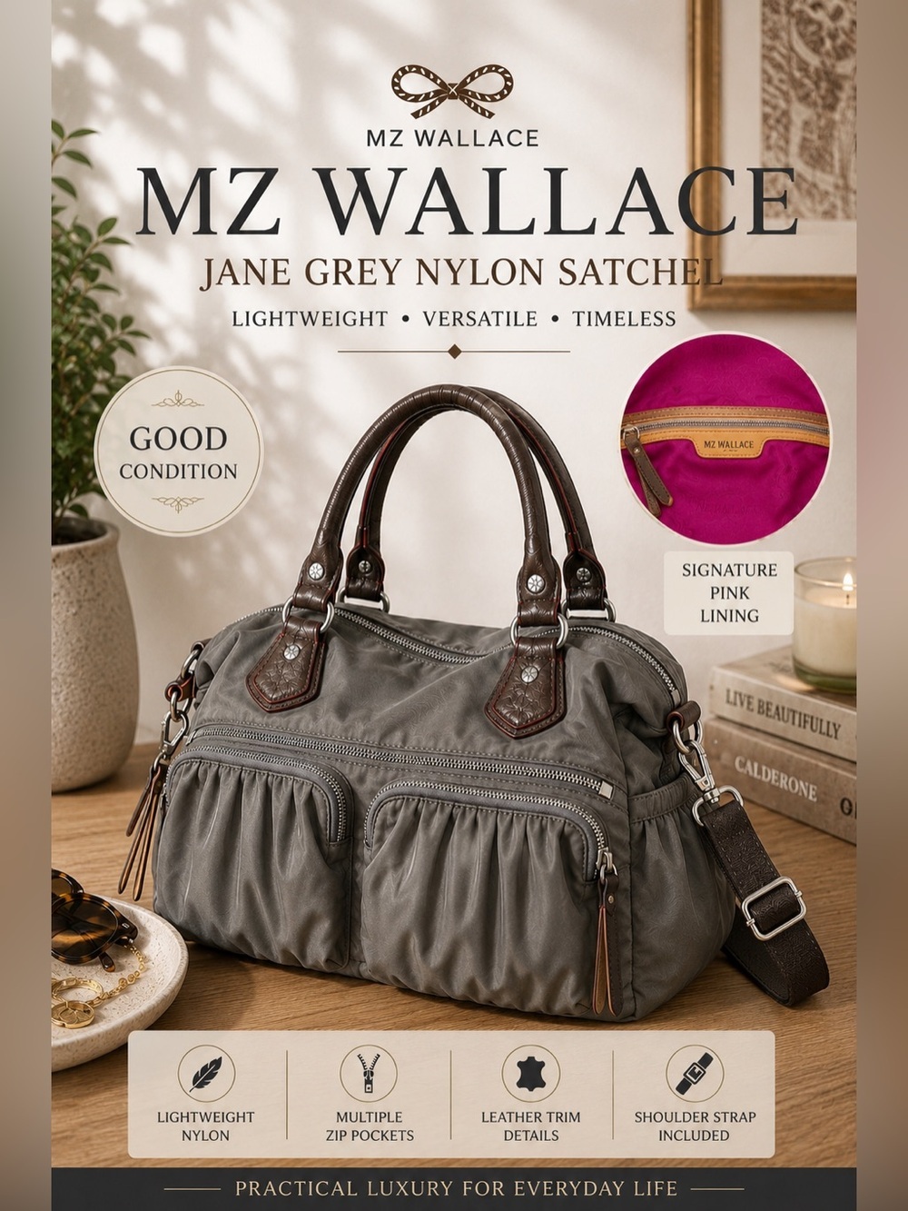 MZ Wallace Jane Grey Nylon Satchel Bag Pink Lining Brown Leather Trim